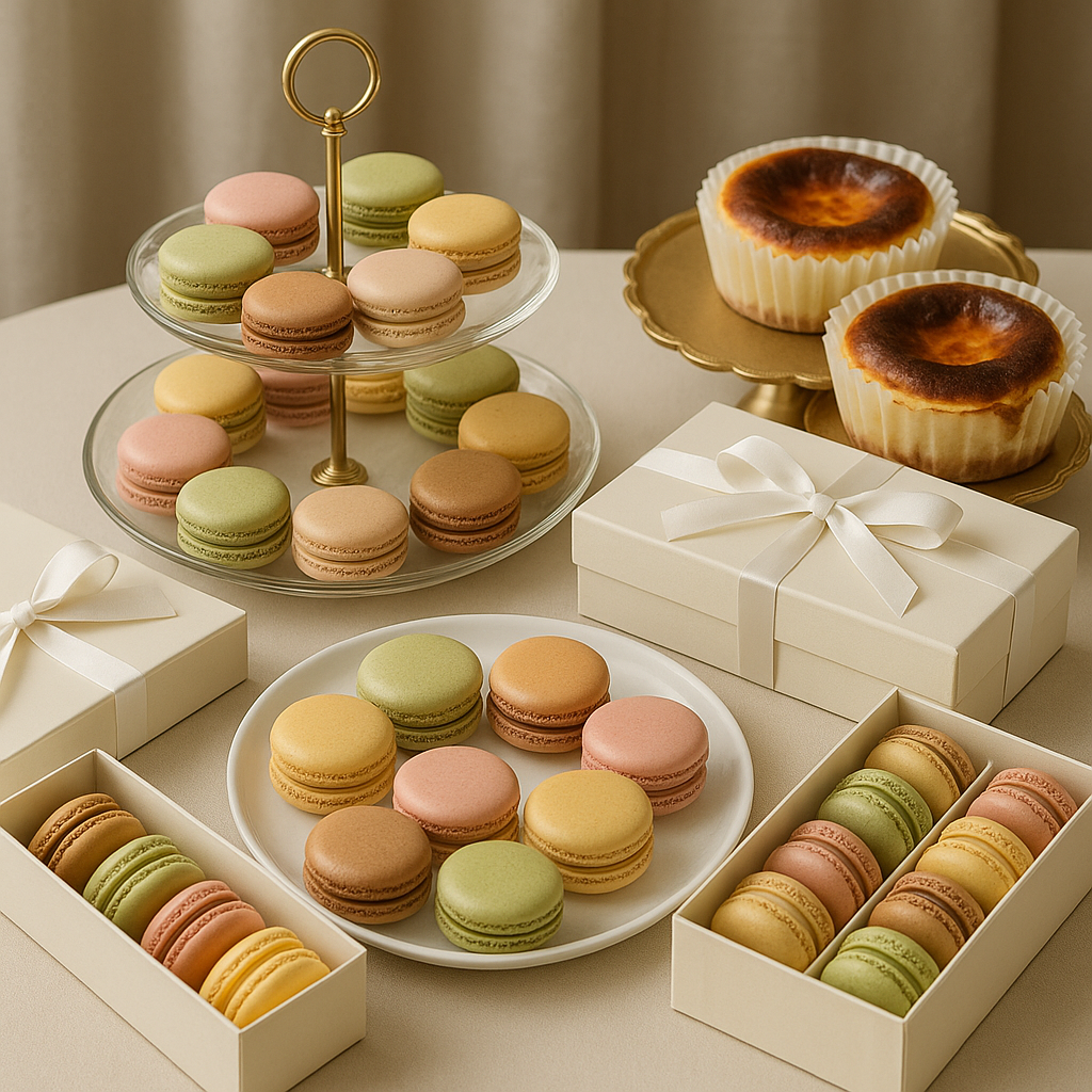 A beautiful dessert table showcasing colorful French macarons alongside other delectable desserts.