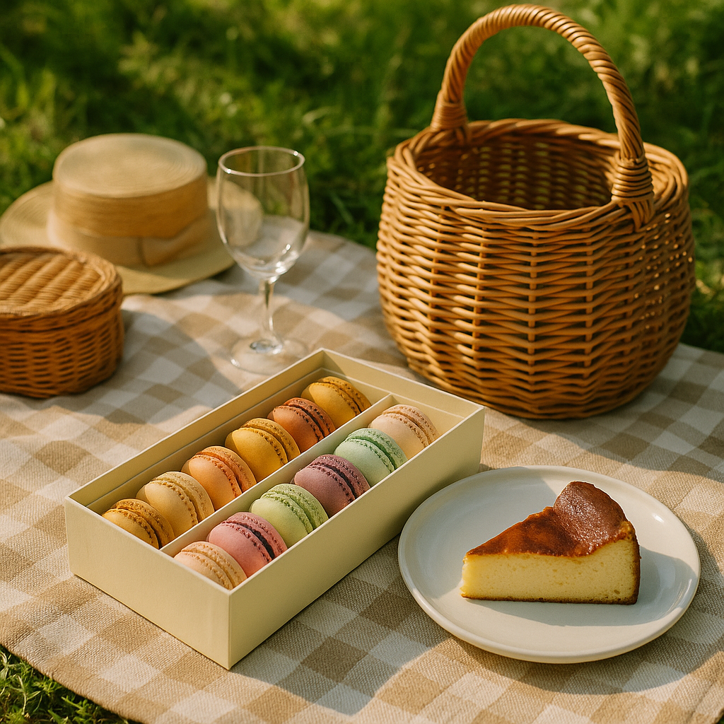 Vibrant French Macarons and Basque Cheesecakes on a Picnic Blanket