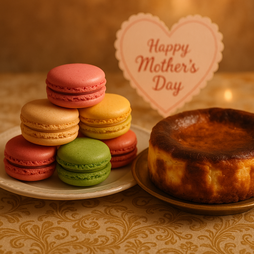 A beautiful display of French macarons and Basque cheesecakes