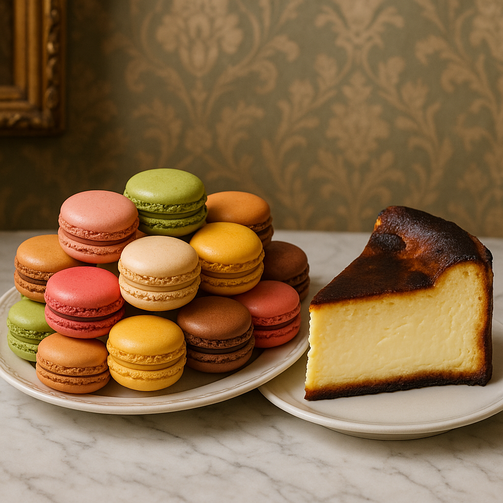 A delectable display of macarons and Basque cheesecake